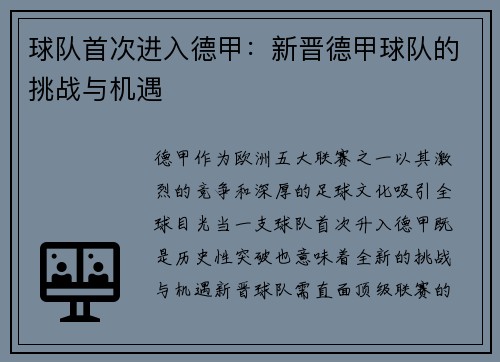 球队首次进入德甲：新晋德甲球队的挑战与机遇